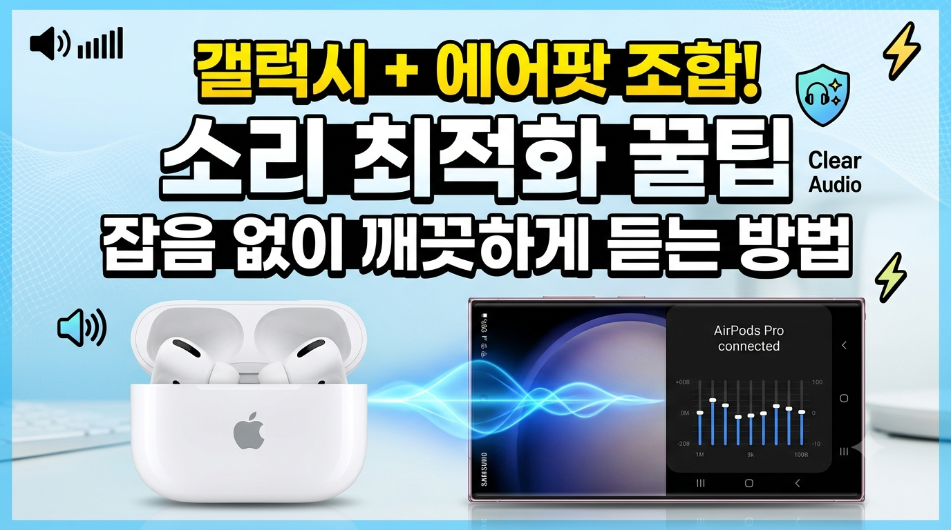 에어팟 갤럭시 스마트폰 연결시 소리 최적화하기 잡음없이 깨끗하게 듣기 블로그 썸네일 만들어줘