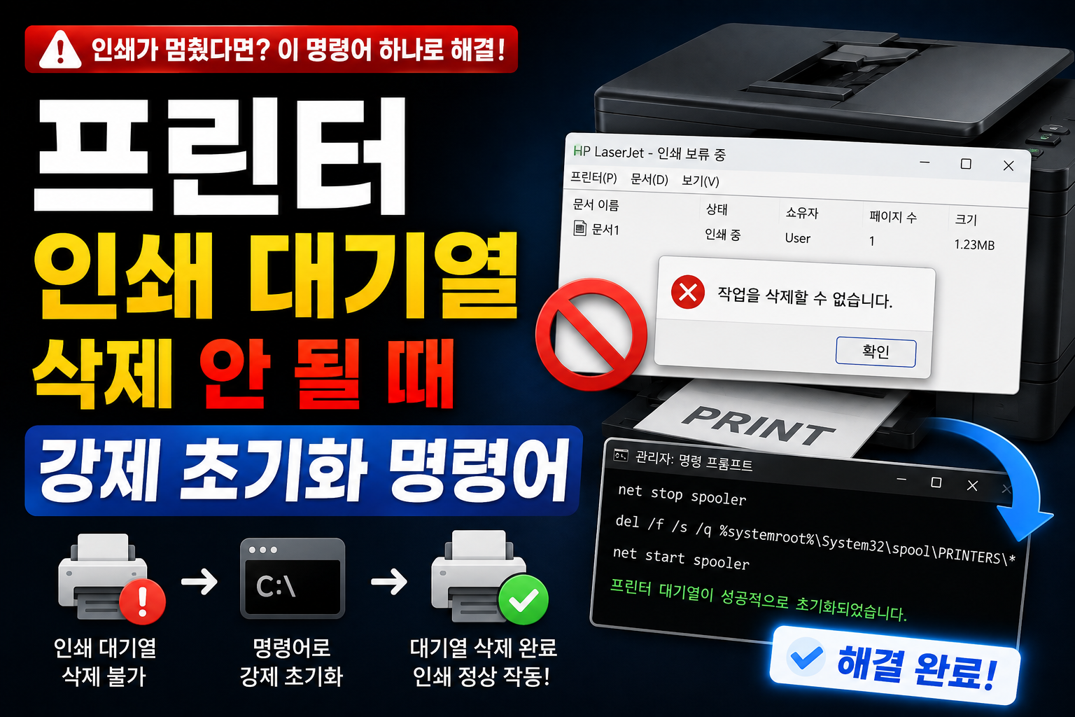 프린터 인쇄 대기열 삭제 안 될 때 강제 초기화 명령어